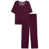 M&S Womens Viscose Lace Pyjama Set, XL, Dark Magenta