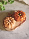 Orange Pumpkin Salt and Pepper Shakers and Wooden Tray