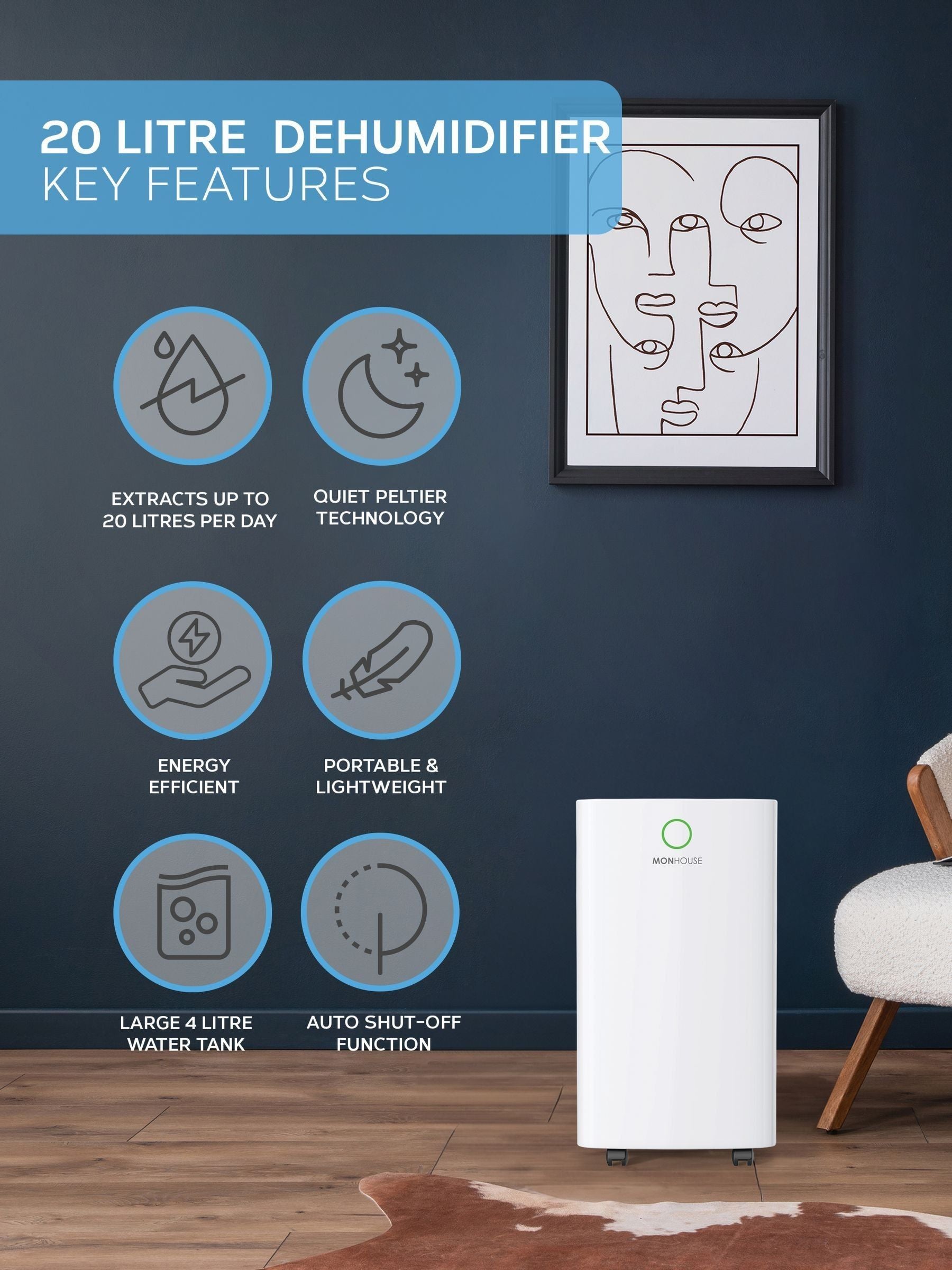 MONHOUSE White Large 20L Day Digital Dehumidifier 4L Tank
