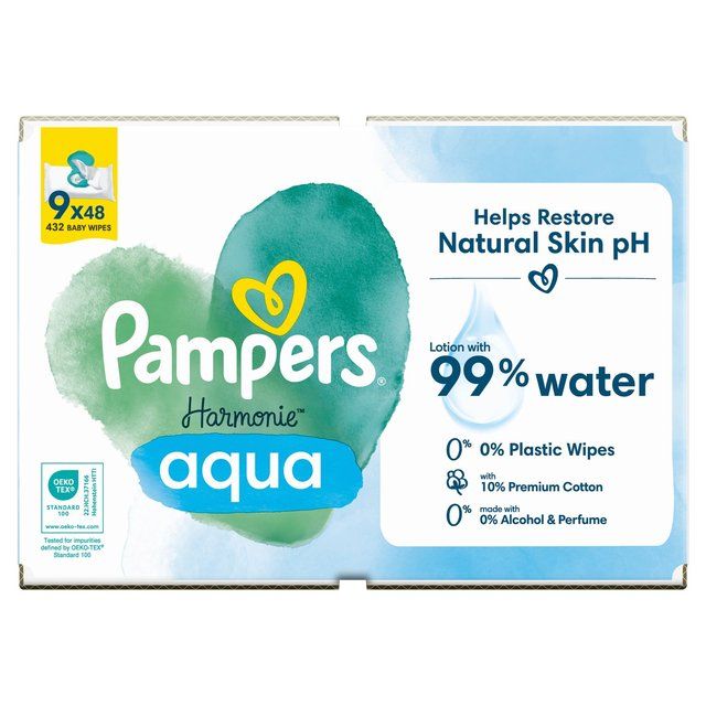 Pampers Harmonie  Aqua Plastic Free Baby Wipes X9   9 x 48 per pack
