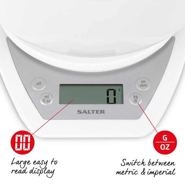 Salter Digital Kitchen Scales with Dual Pour Mixing Bowl White
